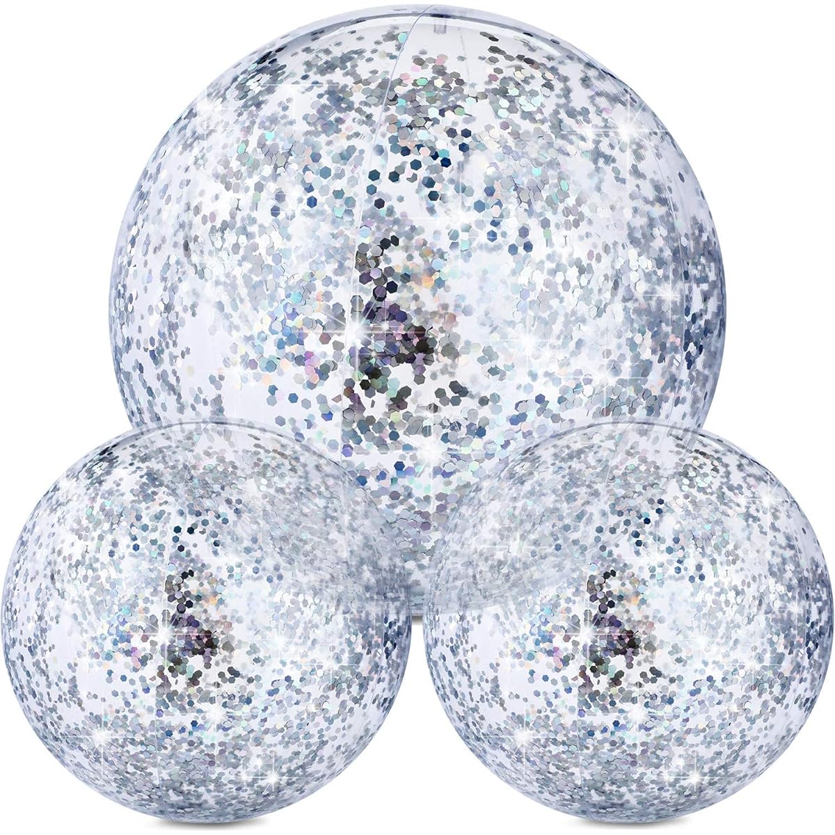 Hsei Inflatable Beach Balls, Set of 3, Sparkly Beach Balls, Floating Confetti Balls, Summer Beach/Pool/Party Favors (Silver)