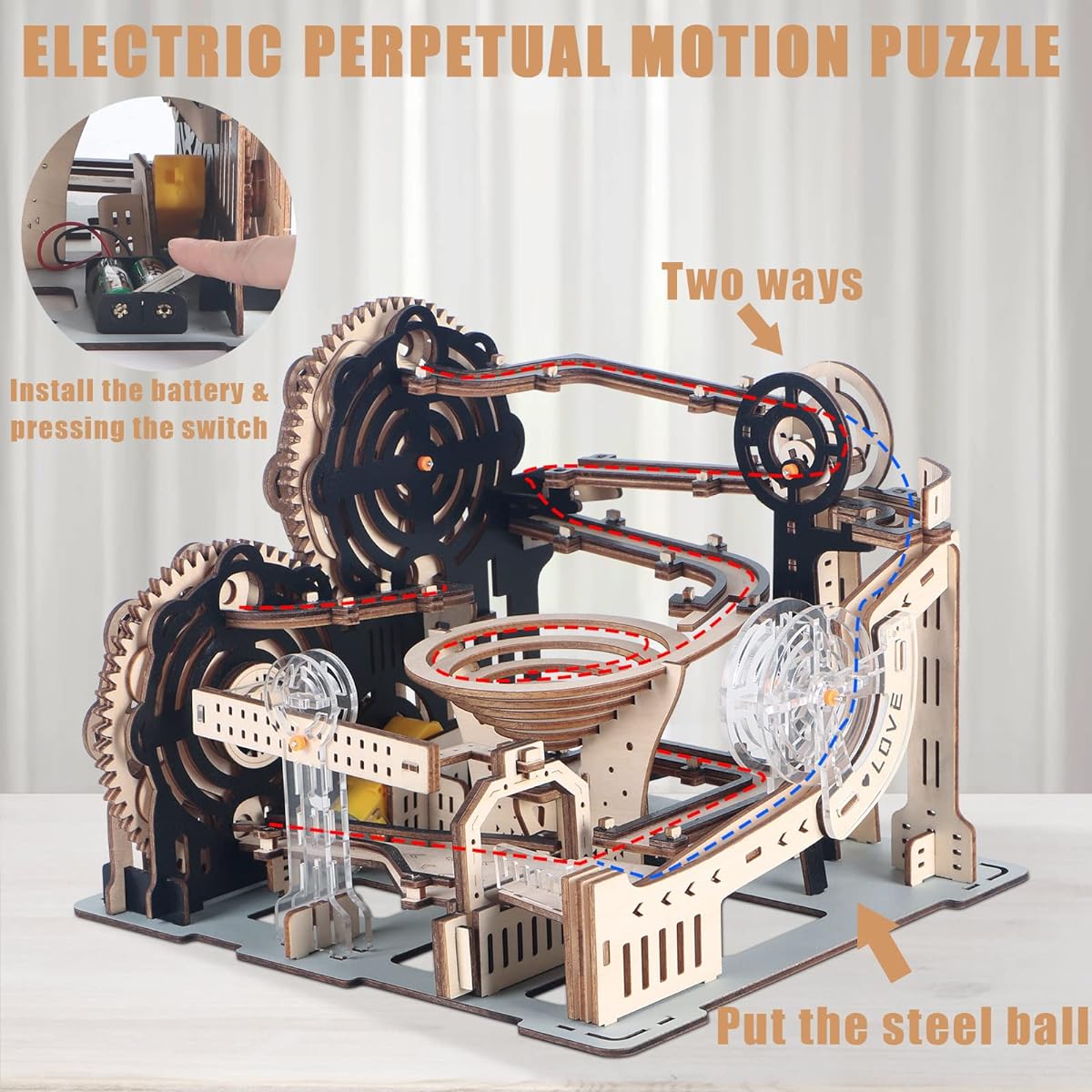 LOKEISNA Electric 3D Wooden Puzzle Gift for Adults & Teens DIY Marble Run Model Building Kit Creative Mechanical Wooden Puzzle Building Model Building Kit