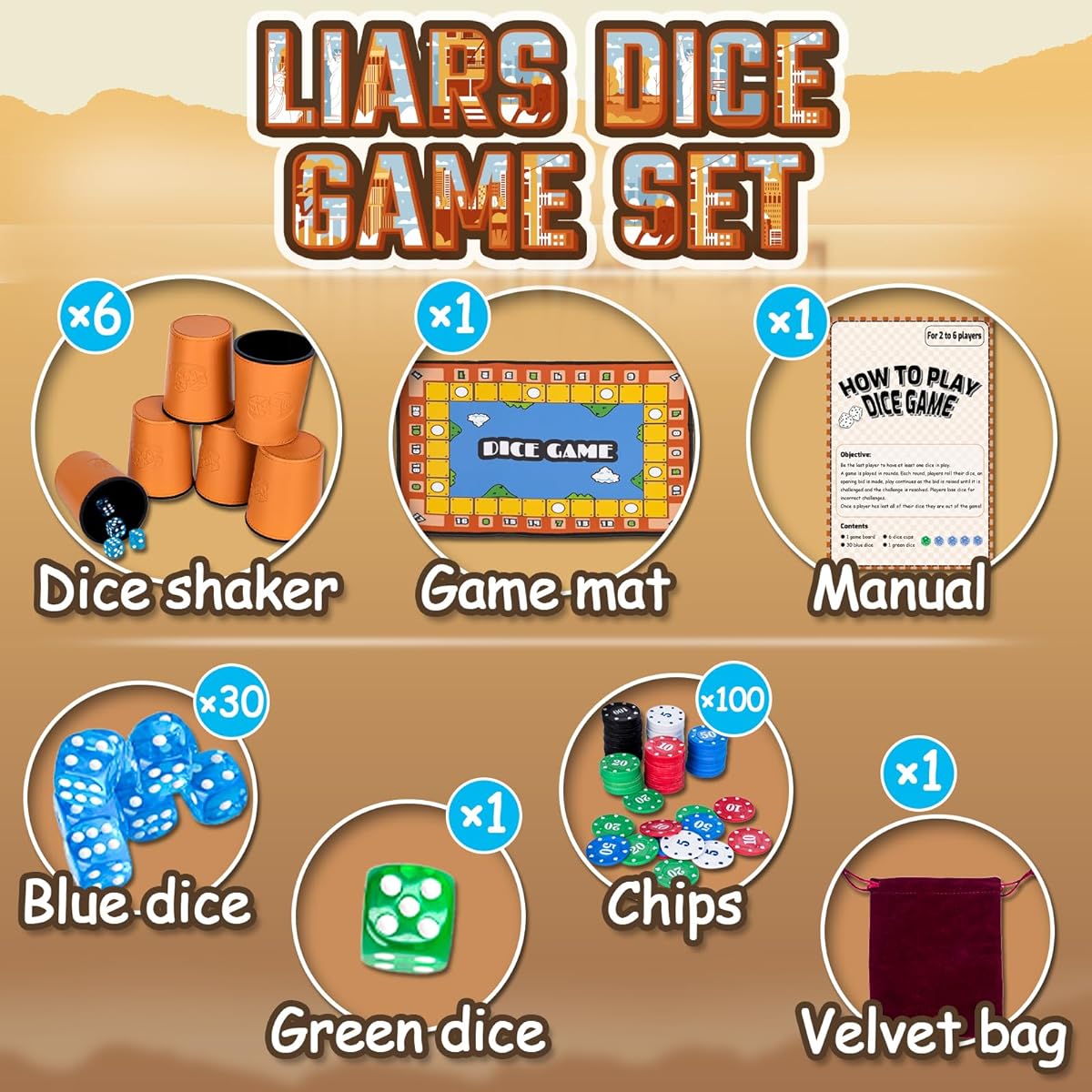 Extguds Liars Dice Game Set Classic Bluff Game with Game Mat, 6 Professional Leather Dice Shaker Cups, 100 Game Chips