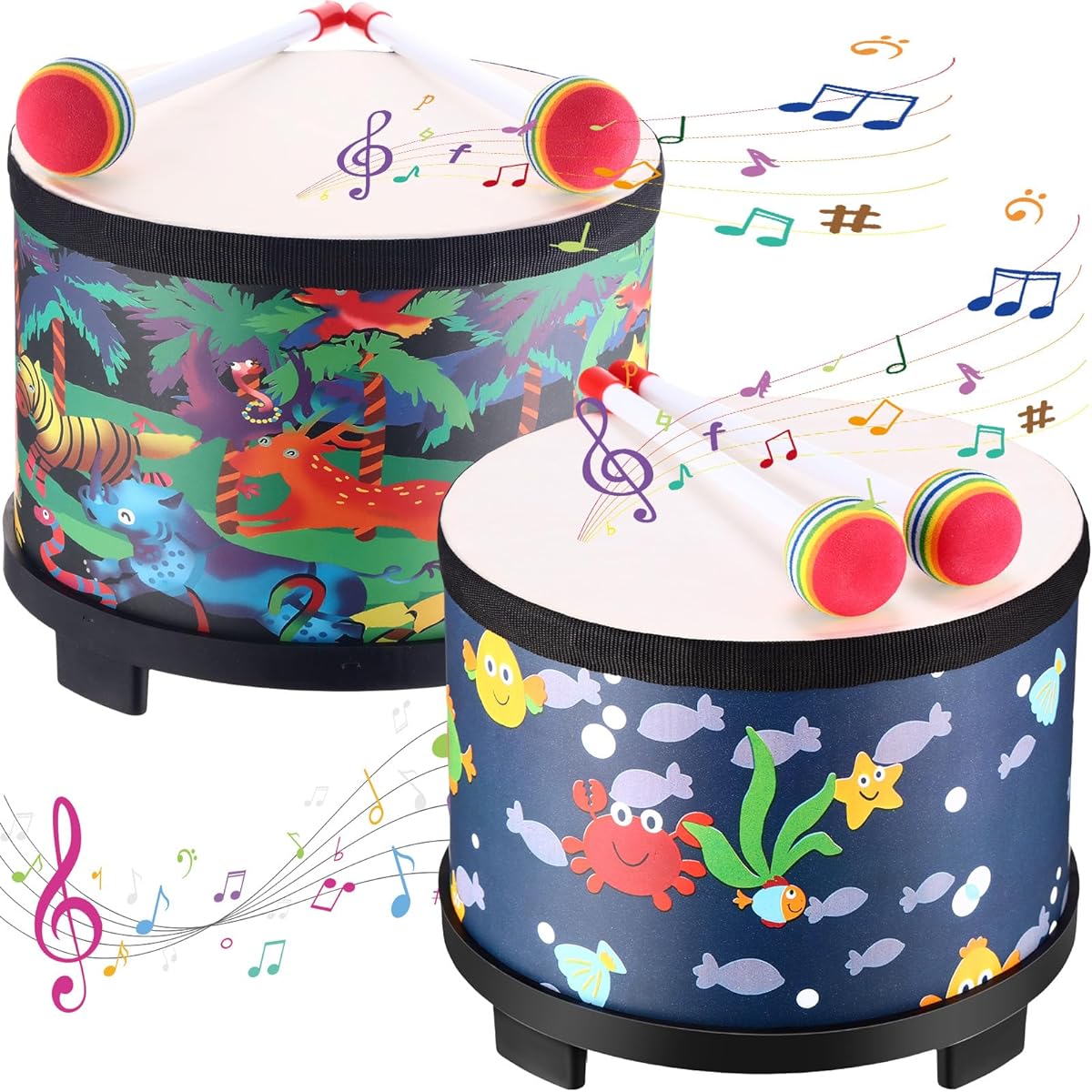 Gemscream 2 Piece Floor Tom Drum for Kids 8 Inch Percussion Music Drum with 4 Mallets Toddler Drum Set Musical Toy Sensory Percussion Instrument for Kids Boys Girls Birthday Gift