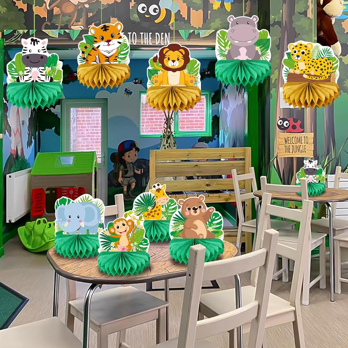 9pcs Safari Honeycomb Centerpieces for Table Jungle Animals Baby Shower Decorations for Boys/Kids Room Wild Forest Theme Birthday Party Decorations