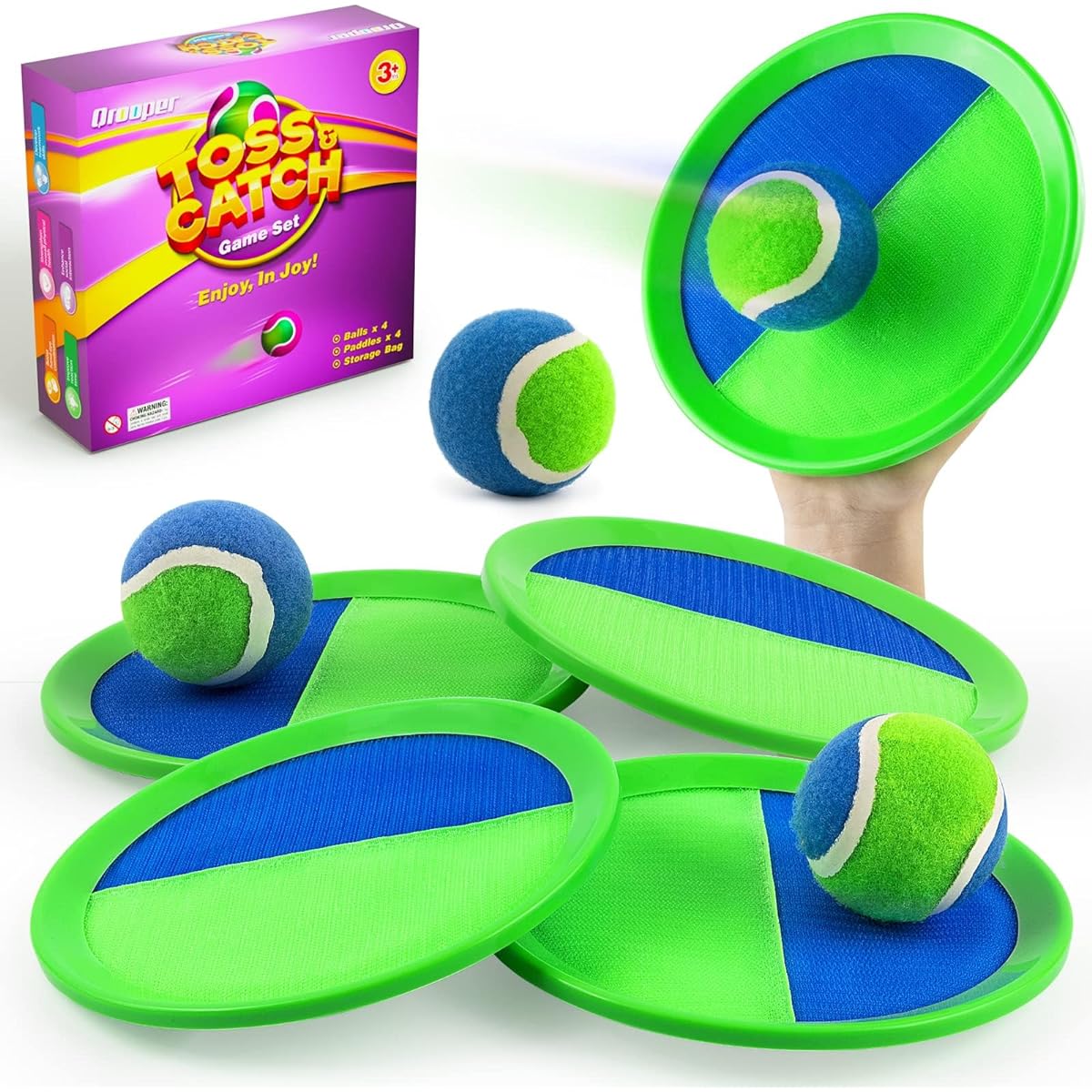 Qrooper Toss & Catch Ball Set Kids Toys Beach Toys Yard Games Outdoor Toys for Kids Ages 4-8 Upgraded Camping Game Paddle Ball Game Perfect Gift for Kids Adults Family Kids (Green)