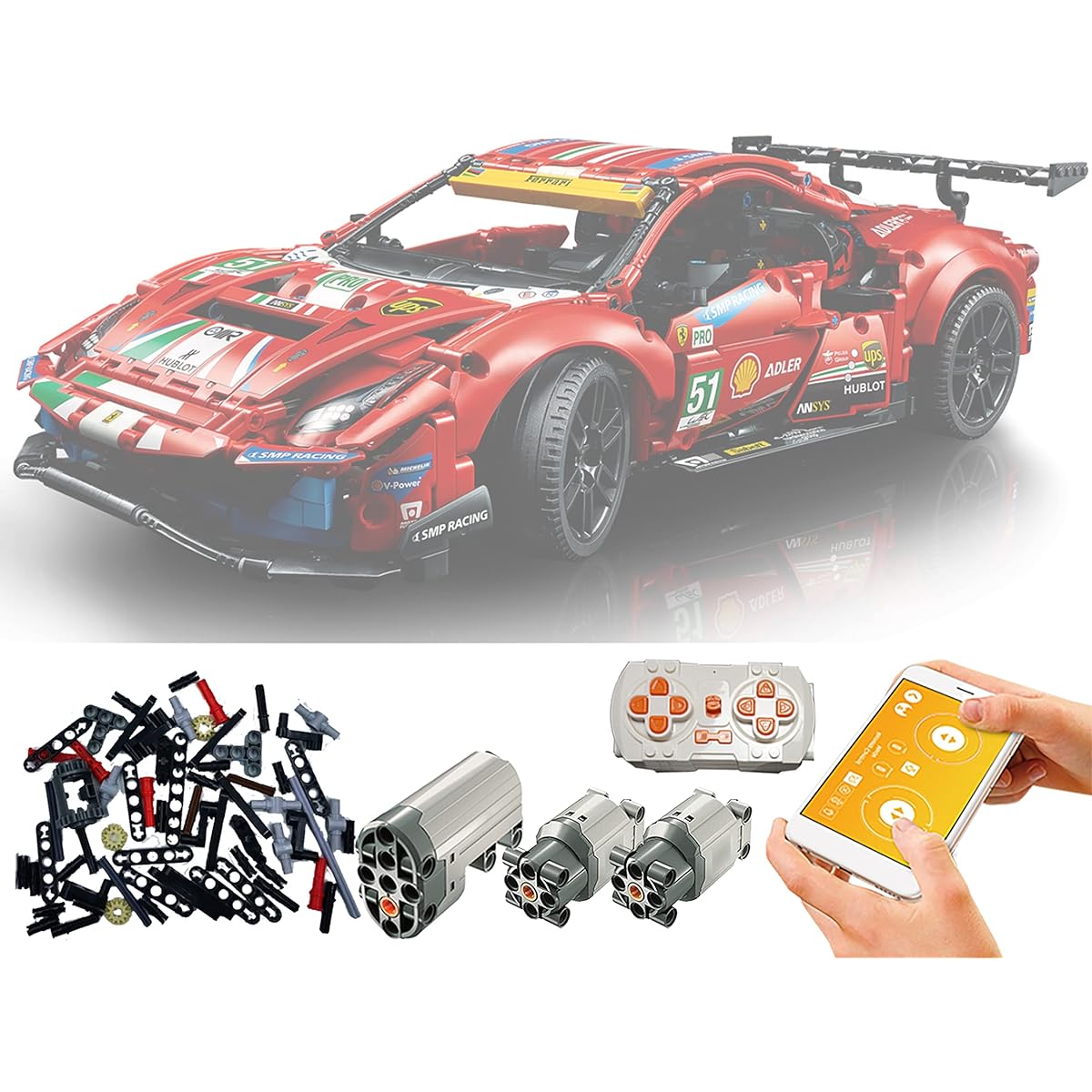 Electric driving modification kit compatible with Lego Technic Ferrari 488 GTE 42125 model can be controlled by remote control or mobile app. Evolve your Lego bricks into an automatic car (not a Lego toy, just modified parts)
