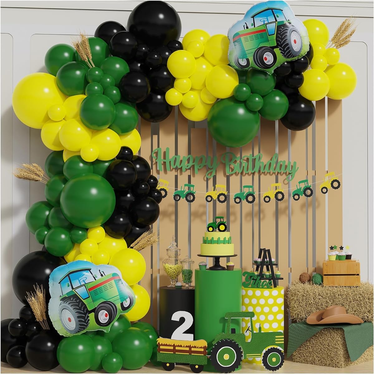 Tractor Birthday Party Supplies 152 Pieces Farm Green Black Yellow Balloon Garland Arch Kit with Tractor Foil Balloons Farm Theme Boys Birthday Baby Shower Party Decorations