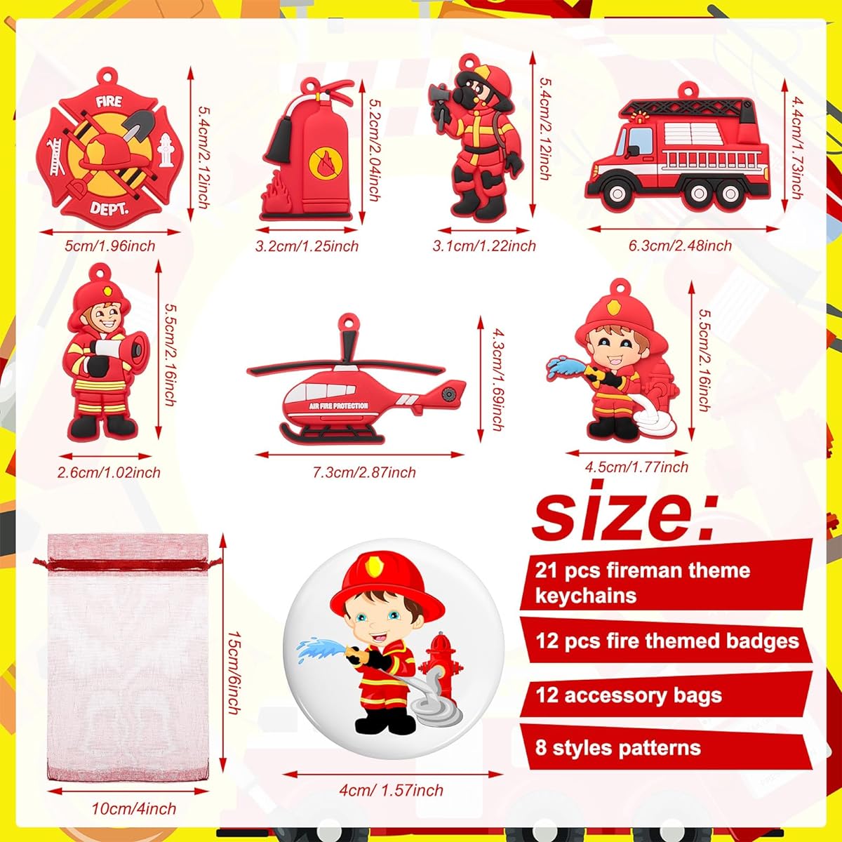 Huquary Fire Truck Birthday Party Supplies, Fire Engine Keychains, Firefighter Stickers, Fire Truck Toys, Firefighter Buttons, Pins, Bags, Firefighter Party Favors, Firefighter Accessories, 66pcs