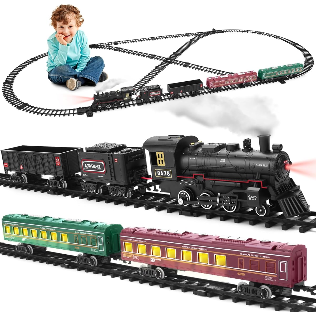 ROGALALY Children's Train Set Steam Locomotive Train Call Car Passenger Coach Freight Car Long Track Train Kit Smoke Light Sound Battery Operated Train Toy Boys Girls Gift