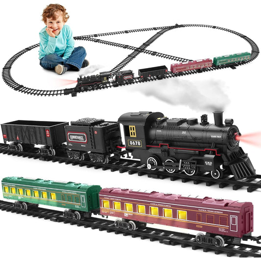ROGALALY Children's Train Set Steam Locomotive Train Call Car Passenger Coach Freight Car Long Track Train Kit Smoke Light Sound Battery Operated Train Toy Boys Girls Gift