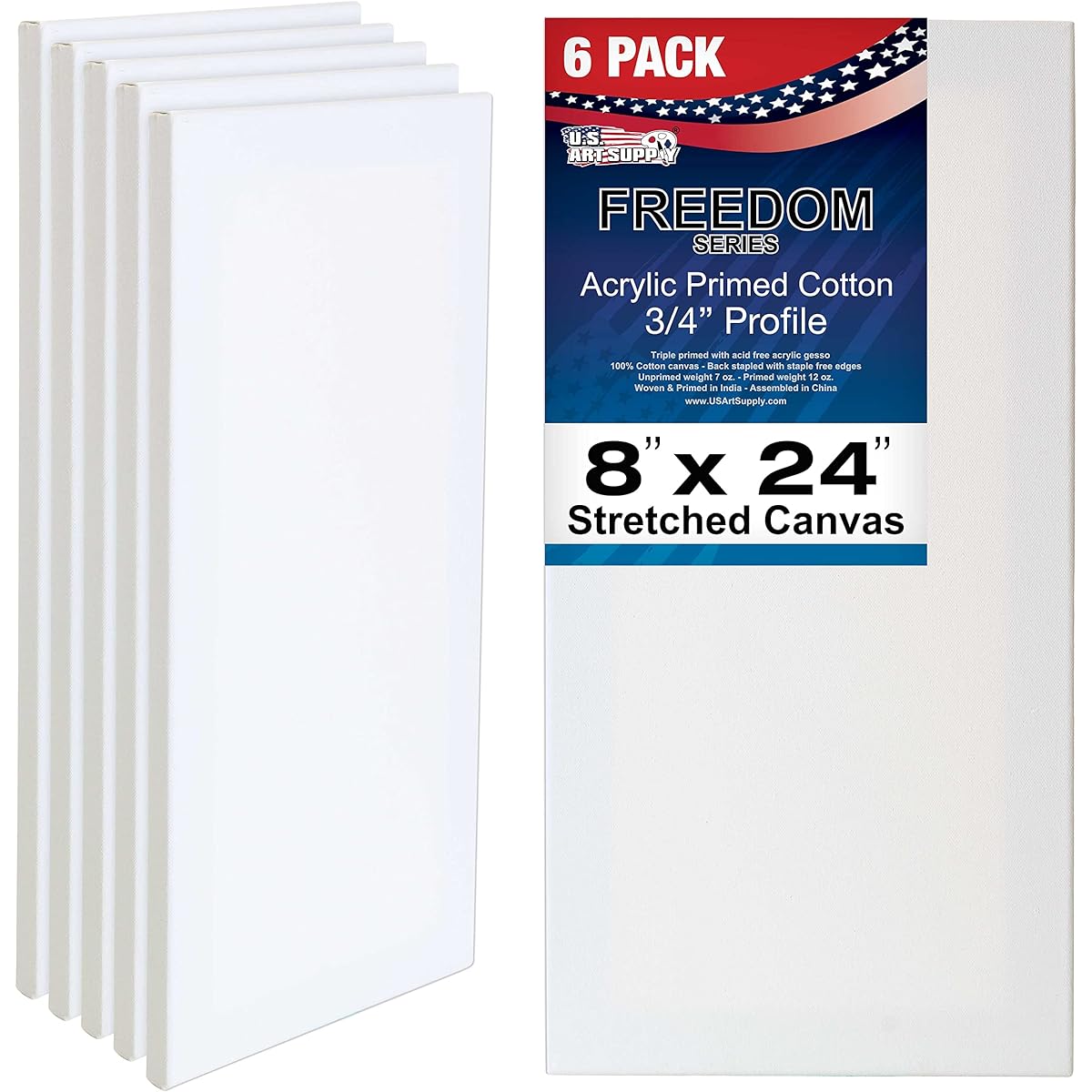 U.S. Art Supply 8 x 24 Inch Stretched Canvas 12oz Triple Prime 6 Pack Professional Artist Quality White Blank 3/4 Inch Profile 100% Cotton Heavy Weight Gesso - Acrylic Infused Oil Painting