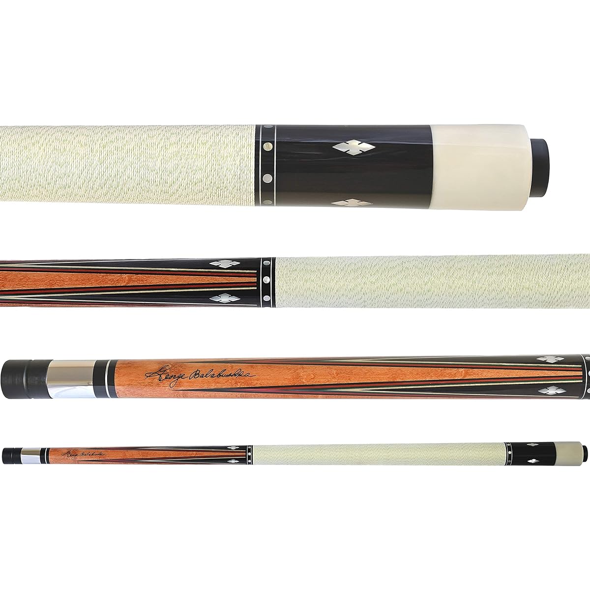 Balabushka GB21 Pool Cue: Birdseye Maple Forearm, 4 Point African Ebony Splice, 4 Traditional Bushka Color Veneers, Orange & Green in Reverse Order