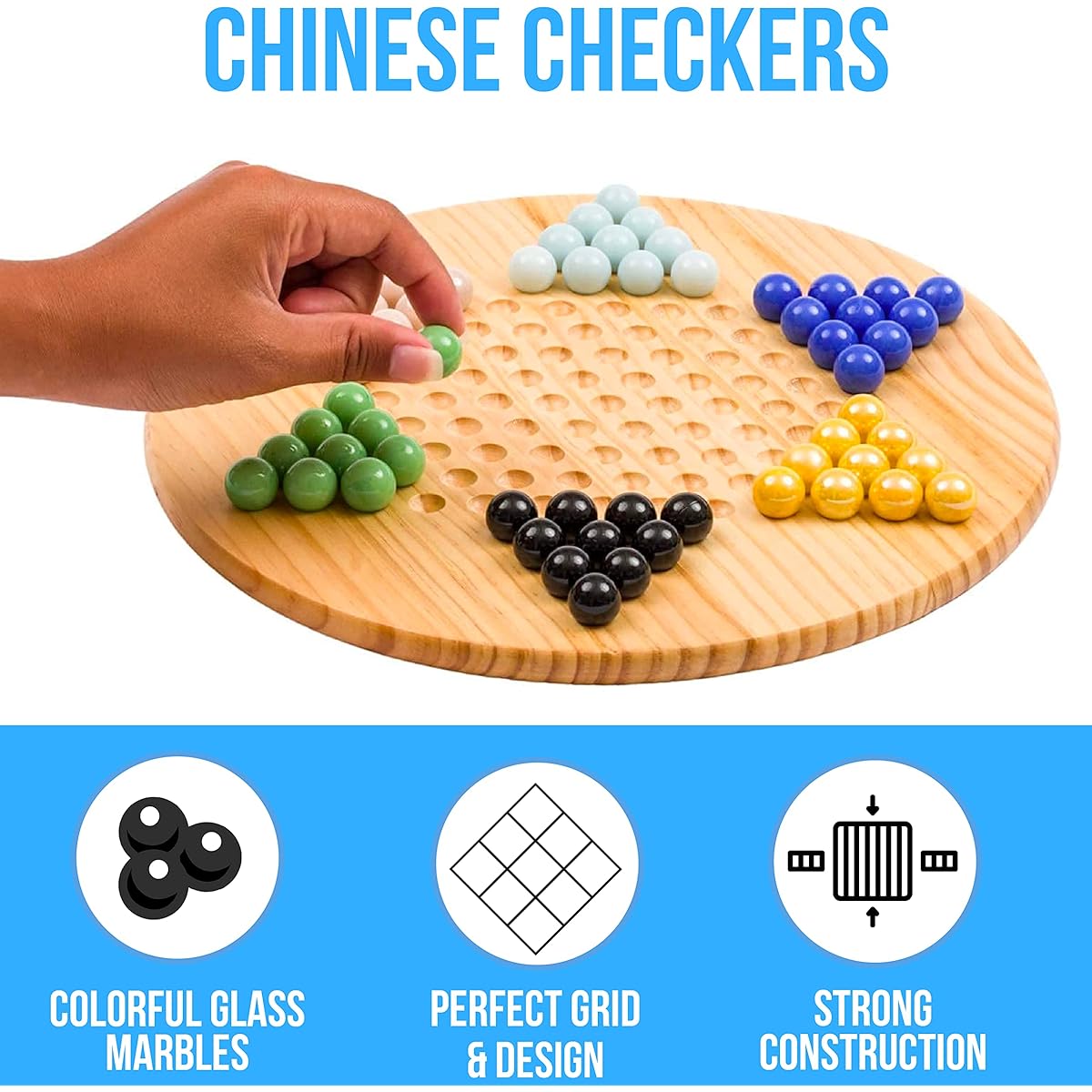Regal Games - Chinese Checkers - 11.5" Natural Wood Game Board with 60 Assorted Glass Marbles, Fun, Family Friendly Board Game - Perfect for up to 6 Players, Ages 8+
