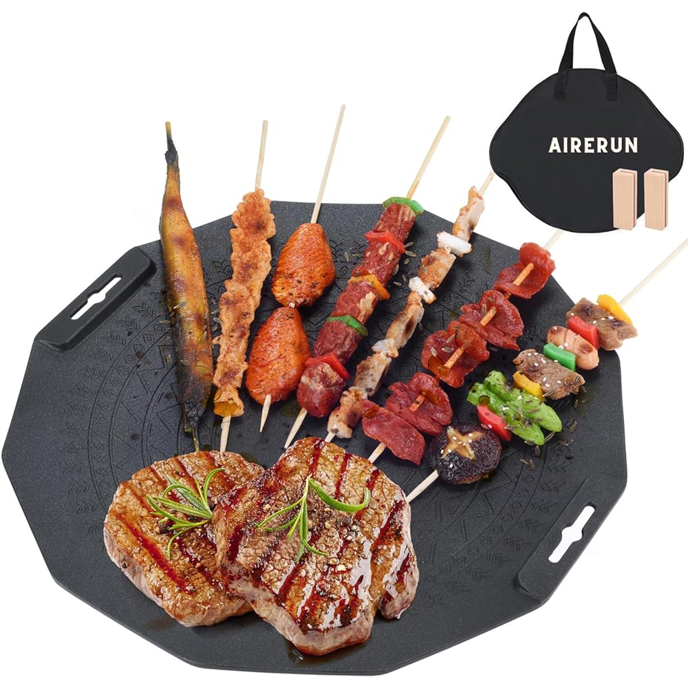 AIRERUN Multi Griddle Pan, Iron Frying Pan, Multi Griddle, IH Compatible, Gas, Bonfire, Open Fire Compatible, Handle Cover Included, No Seasoning Required, Outdoor Camping BBQ [Storage Case Included] Family Travel (40cm)