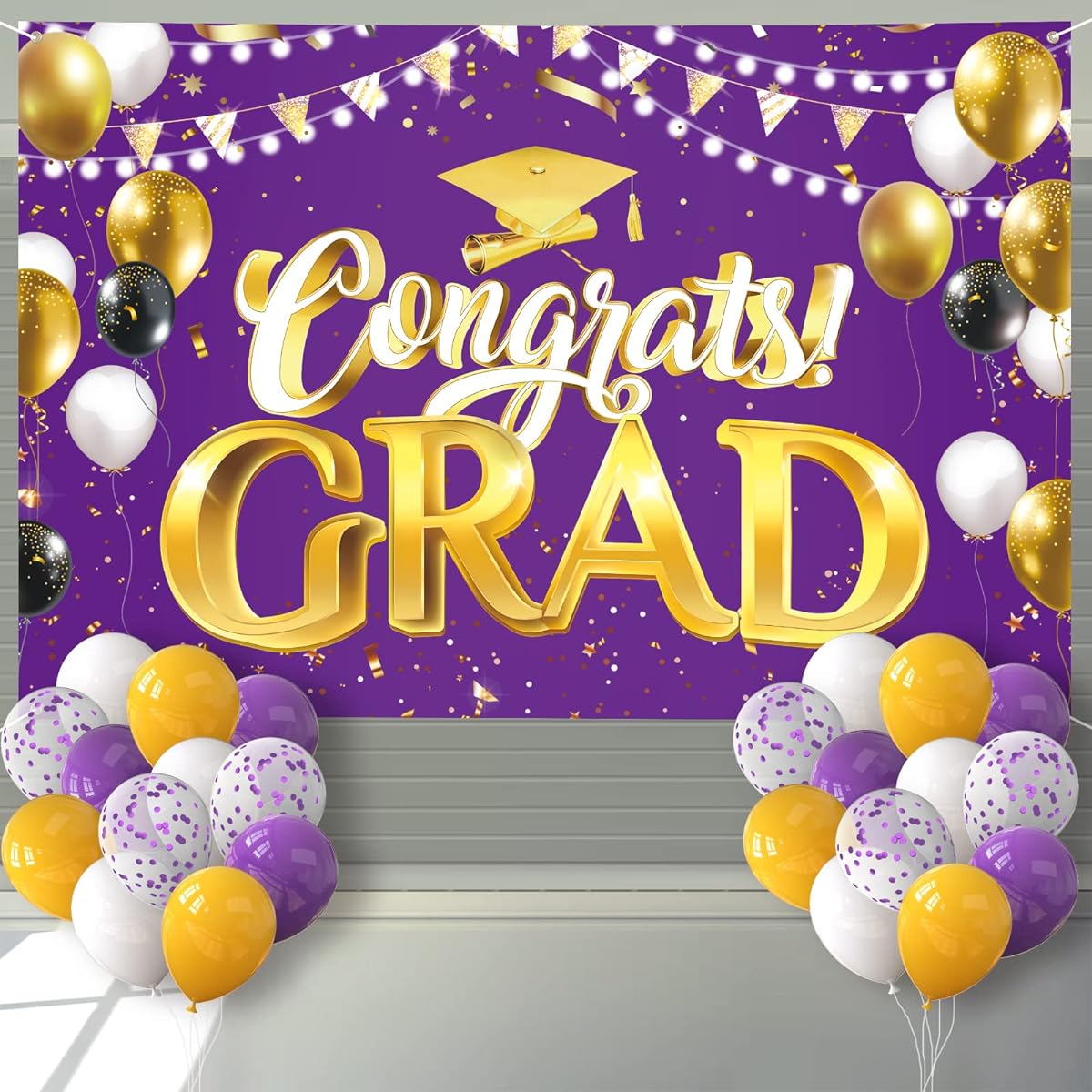 Arosche Extra Large Graduation Banner Decorations 72" x 48" Backdrop with 24 Balloons, Graduation Celebration 2023 Photo Background for Indoor Outdoor College Yard Backyard Party Supplies (Purple)