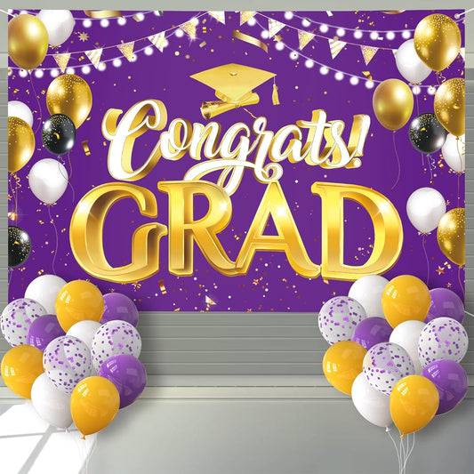 Arosche Extra Large Graduation Banner Decorations 72" x 48" Backdrop with 24 Balloons, Graduation Celebration 2023 Photo Background for Indoor Outdoor College Yard Backyard Party Supplies (Purple)