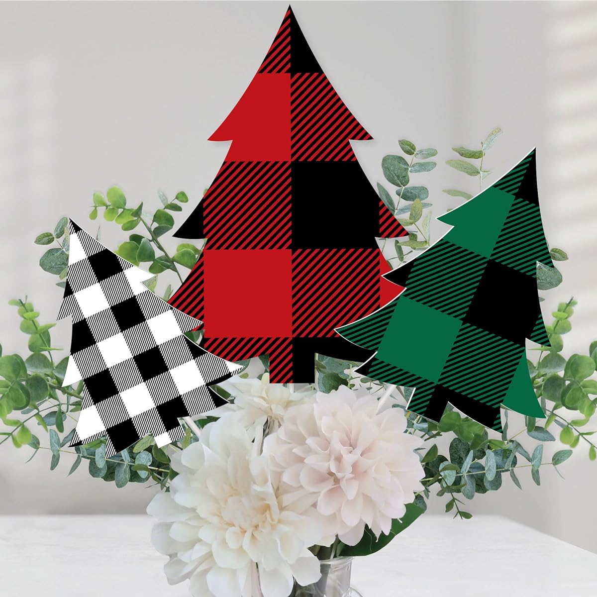 Big Dot of Happiness Holiday Plaid Tree - Buffalo Plaid Christmas Party Centerpiece Sticks - Table Toppers - Set of 15
