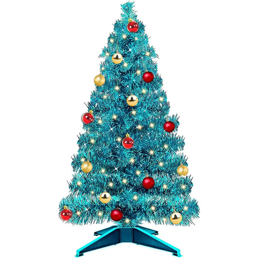 TURNMEON 3ft Christmas Tree with Timer 50 Warm Lights DIY 15 Ball Ornaments Battery Operated Pencil Artificial Full Christmas Tree Decoration Table Indoor Home Holiday (Blue)