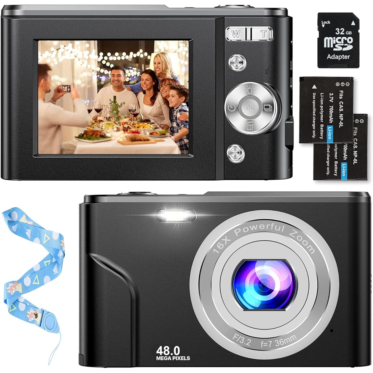 Digital Baby Camera for Kids Teens Boys Girls Adults, 1080P 48MP Kids Camera with 32GB SD Card, 2.4" Kids Digital Camera, 16X Digital Zoom Compact Mini Camera, Kids Camera for Children/Students, Black