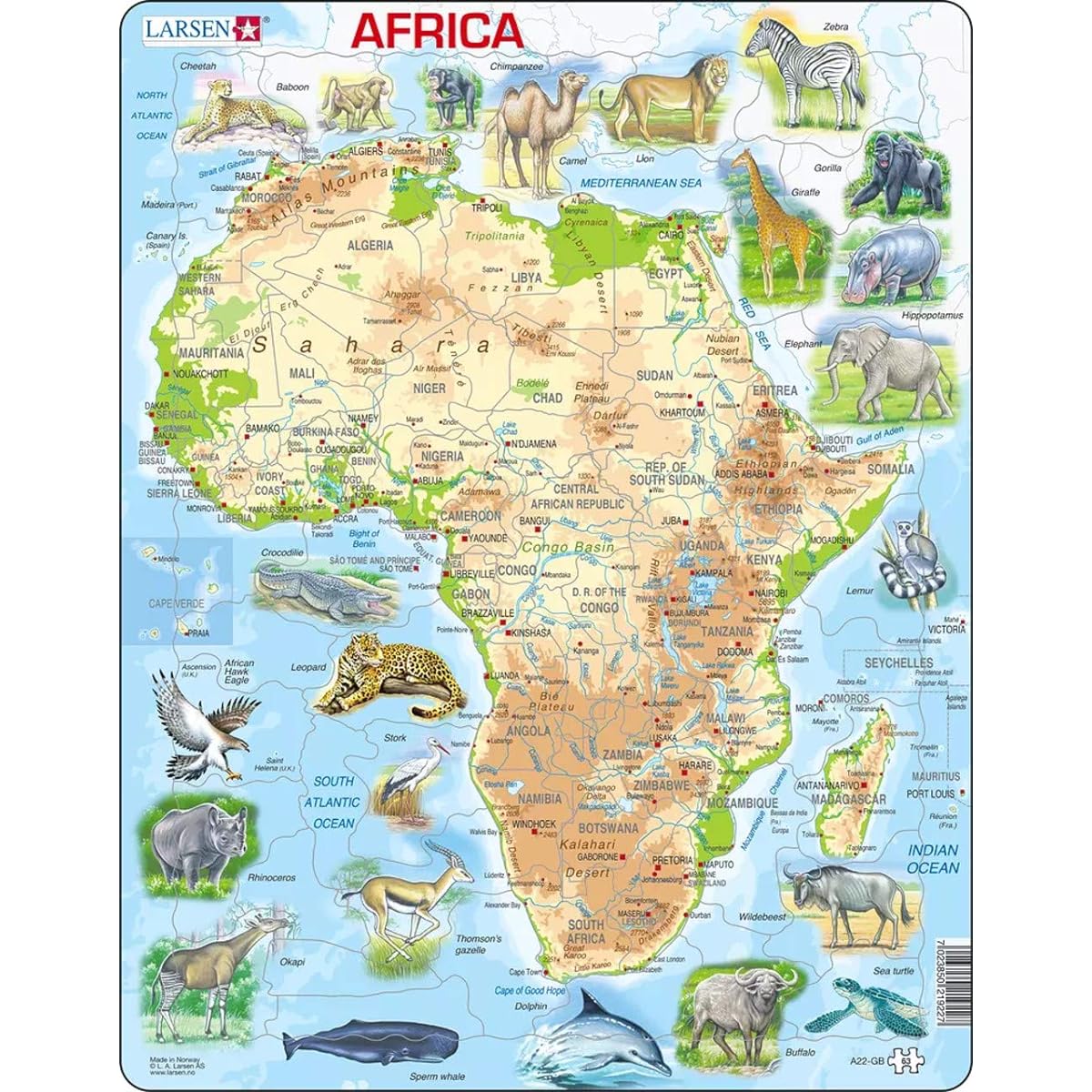 Larsen Puzzles Africa Map Animals Children's Educational Jigsaw Puzzle - 63 Piece Tray & Frame Style Puzzle - Luxury Handmade Puzzle - Imported from Norway