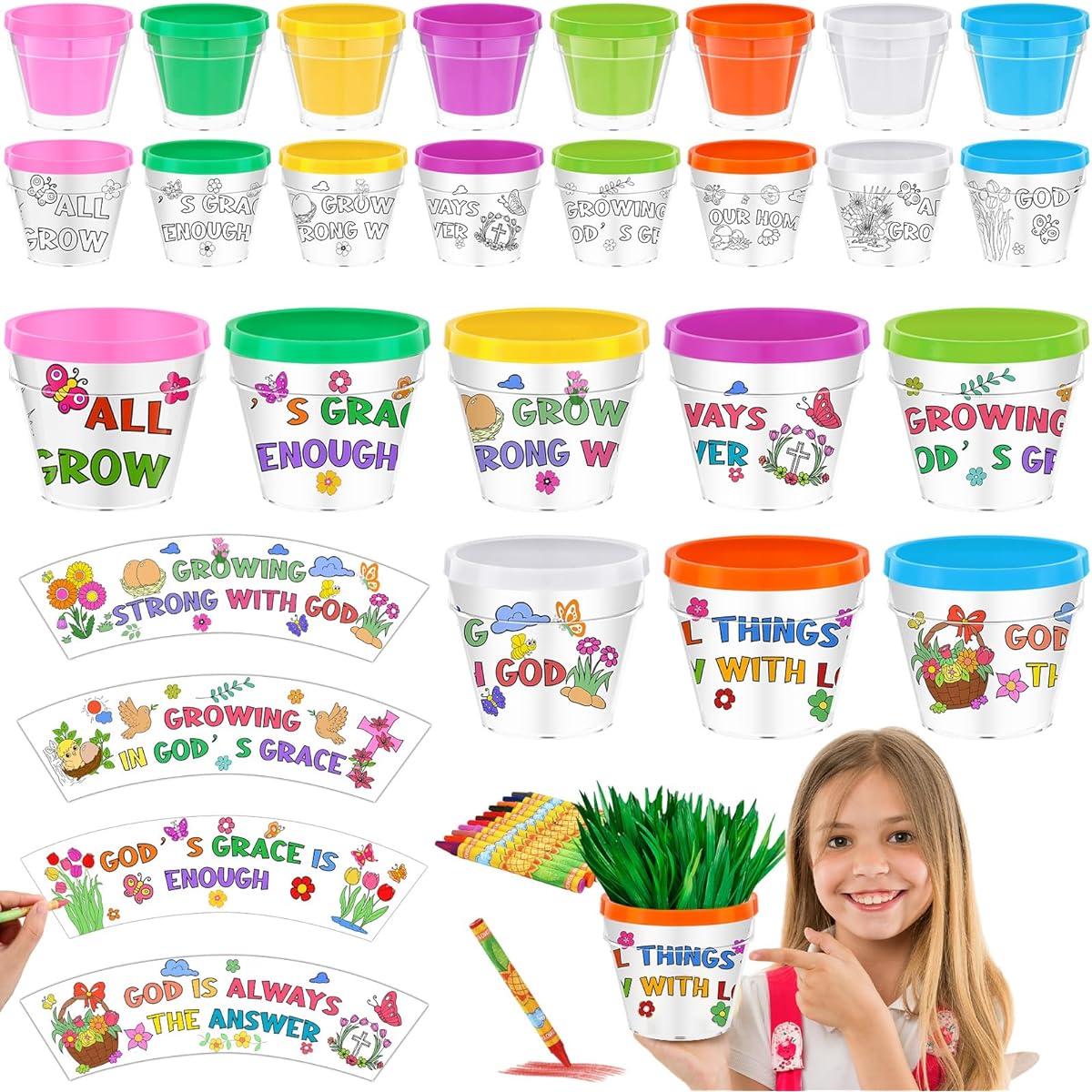 meekoo 24pcs Mother's Day Color Make Your Own Flower Pots for Kids Mother's Day Religious Crafts Kids and Church Colorful Plastic Garden Pots Crafts DIY Art Projects Fun Home School Activities