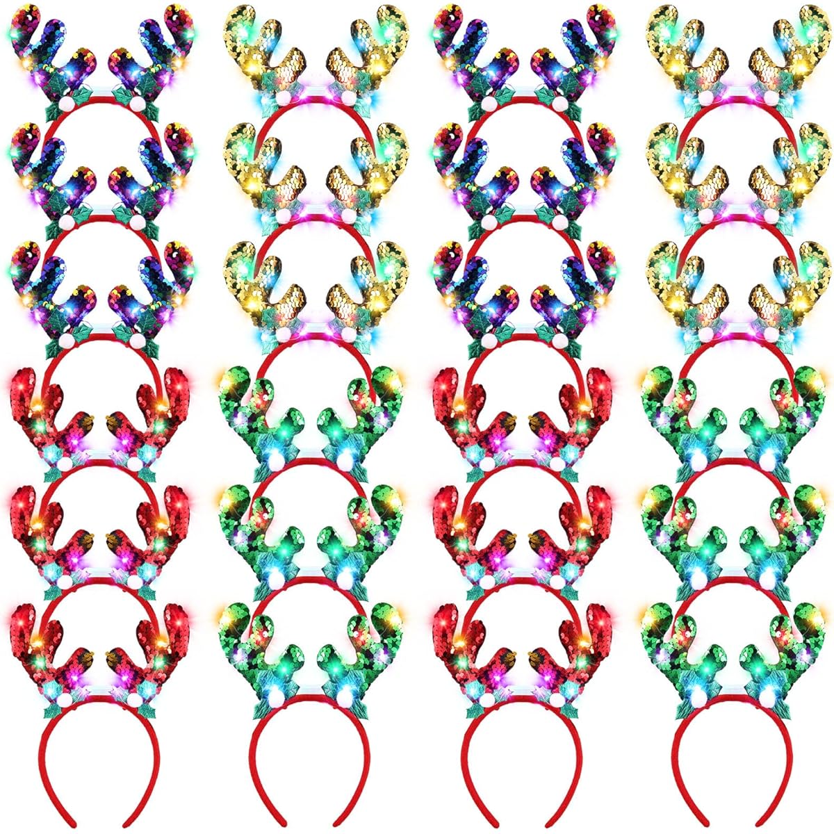 Wettarn Christmas Light Up Headbands, LED Reindeer Christmas Headbands, Christmas Antler Headbands, Christmas Reindeer Ears Hairbands for Women Kids Adults Christmas Cosplay Party Favors, 24pcs (Shiny)