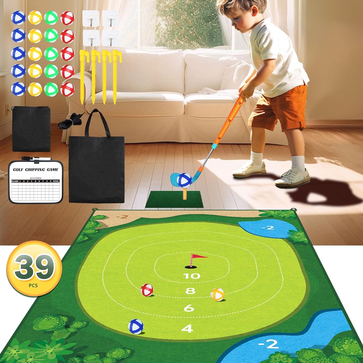 Wdebay Toddler Sticky Golf Pro Game Set with Mat Velcro Golf Chipping Yard Game for Kids and Adults Mini Indoor & Outdoor Play Toy with Clubs