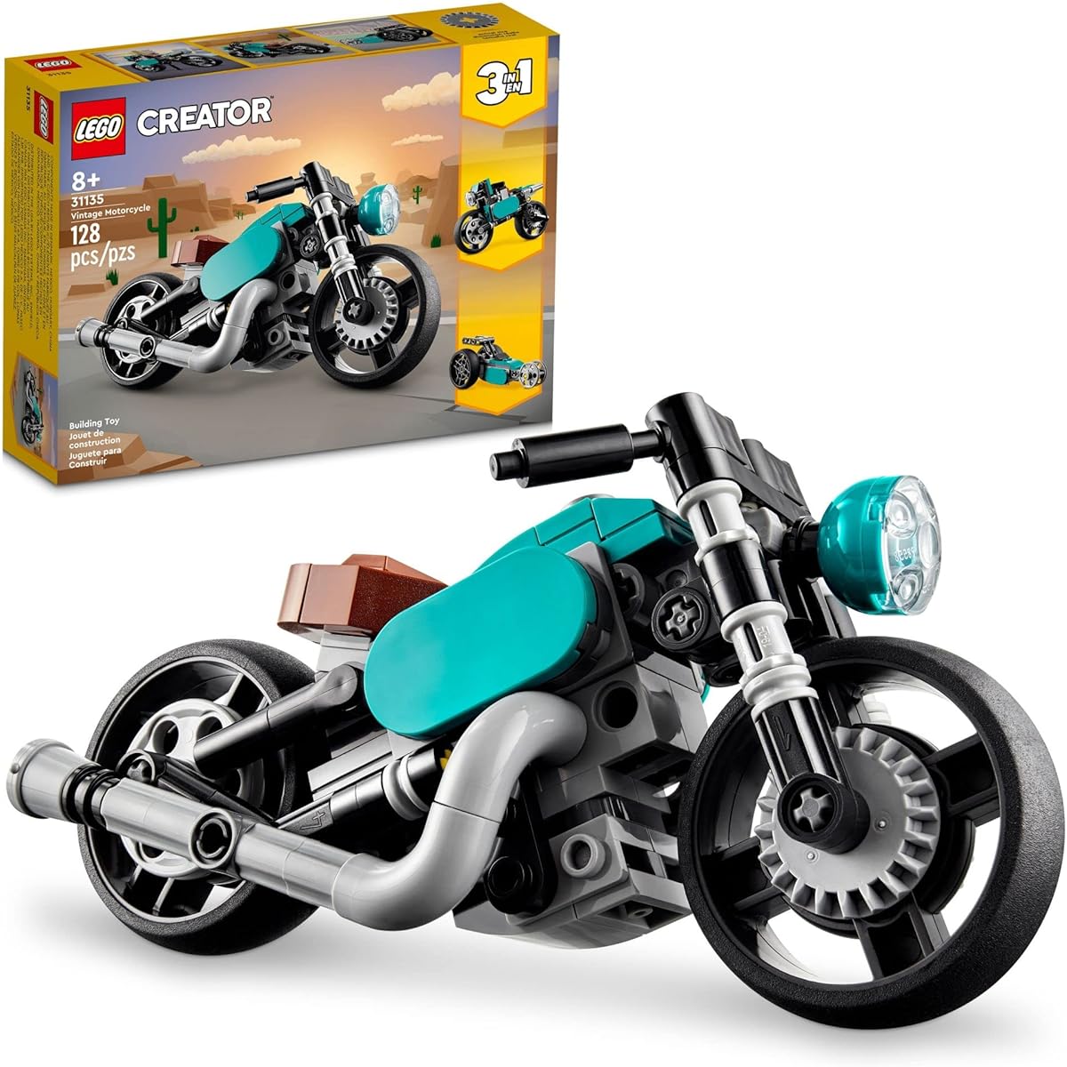 LEGO Creator 3-in-1 Vintage Bike Set, Converts from Classic Bike to Street Bike to Dragster Car, Vehicle Building Toy, Great Gift for Boys/Girls/Kids, Ages 8+, 31135