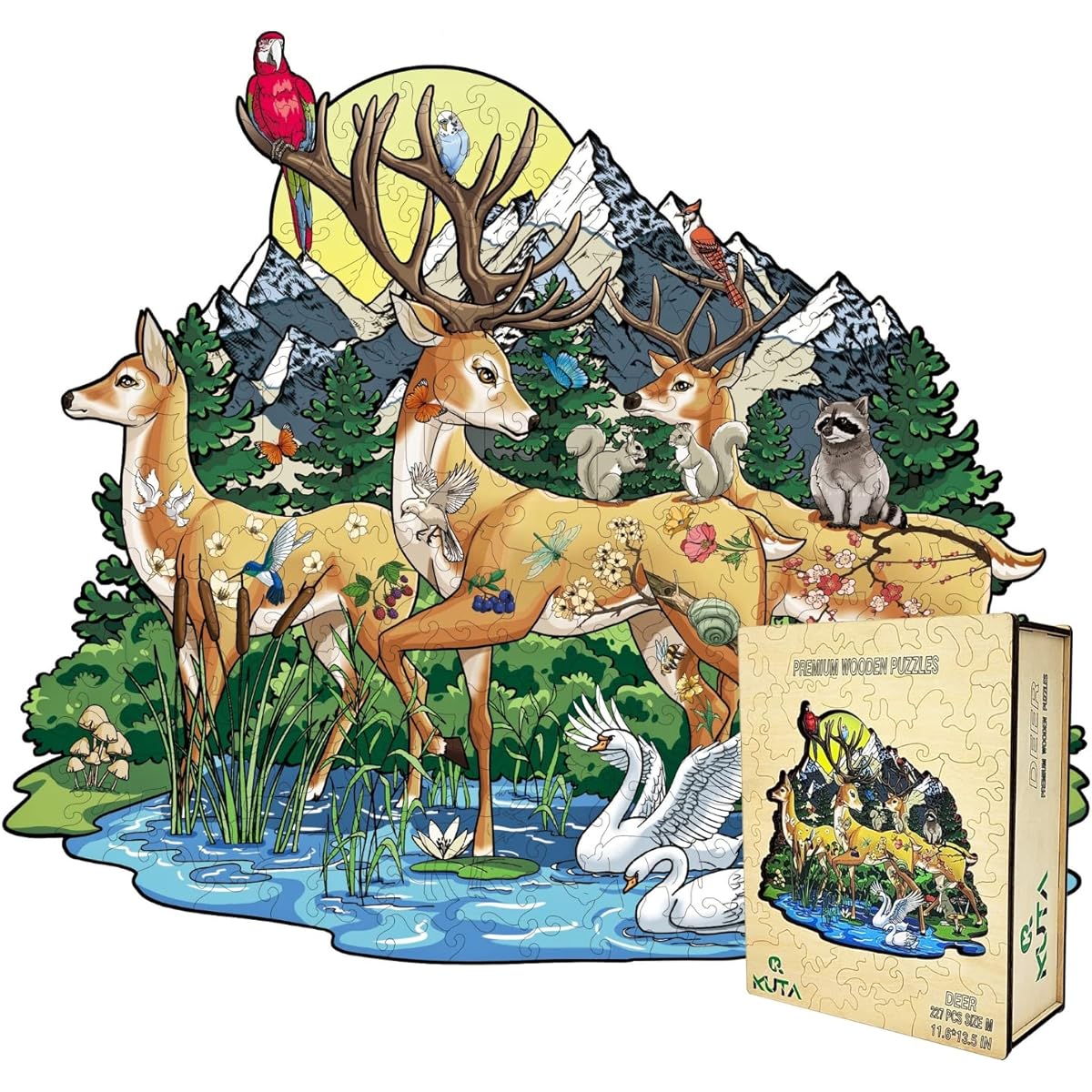 KUTA Wooden Jigsaw Puzzle, Unique Animal Shaped Pieces, Set with Decorating Kit, 29.5x34.5 cm, 205 Pieces, Best Gift for Adults and Kids (Ages 9+) (Deer)
