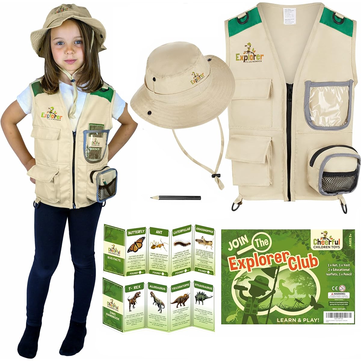 Kids Explorer Costume Includes Safari Vest and Hat - Boys and Girls Ages 3-7 - Paleontologist Zoo Keeper Park Ranger or Fishing Role Play with Bonus Dinosaur Content