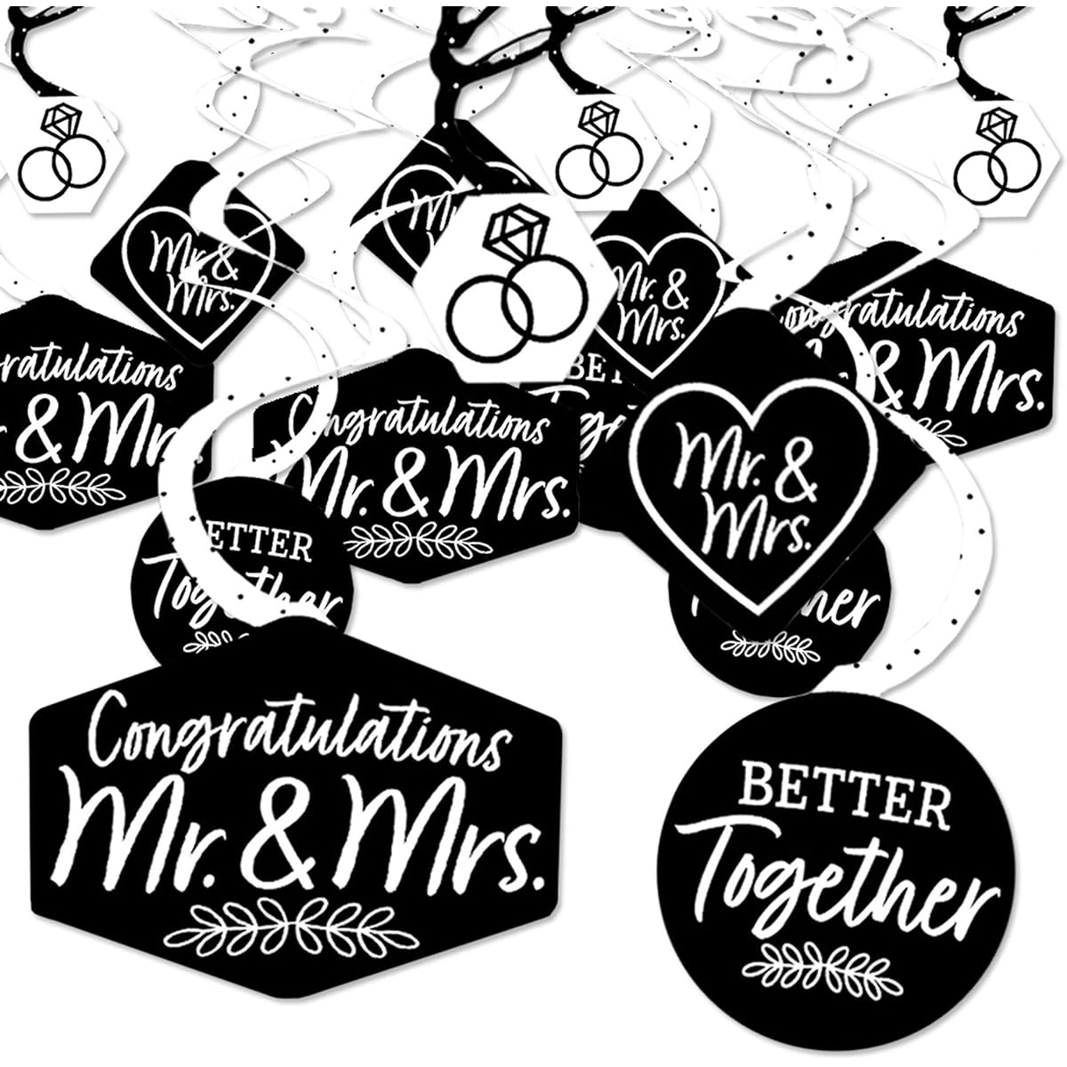 Big Dot of Happiness Mr. and Mrs. - Black & White Wedding or Bridal Shower Hanging Decorations - Party Decoration Swirls - Set of 40