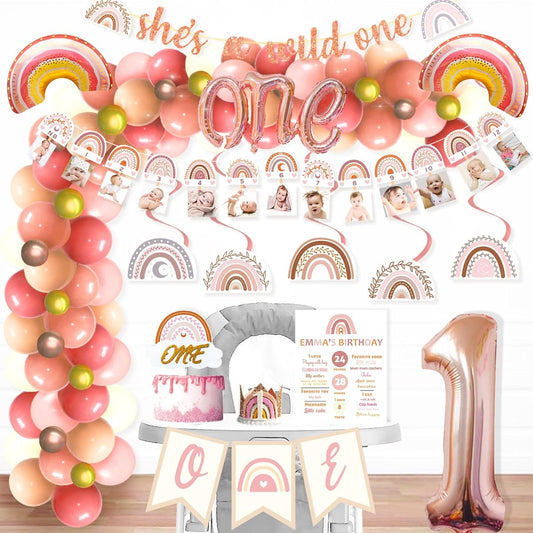107 Pieces Boho 1st Birthday Decorations for Girls Fiesec Boho Rainbow 1st Decorations Bohemian Balloon Garland Monthly Photo Highchair Banner Cake Topper Crown Poster She's a Wild One Retro Pink