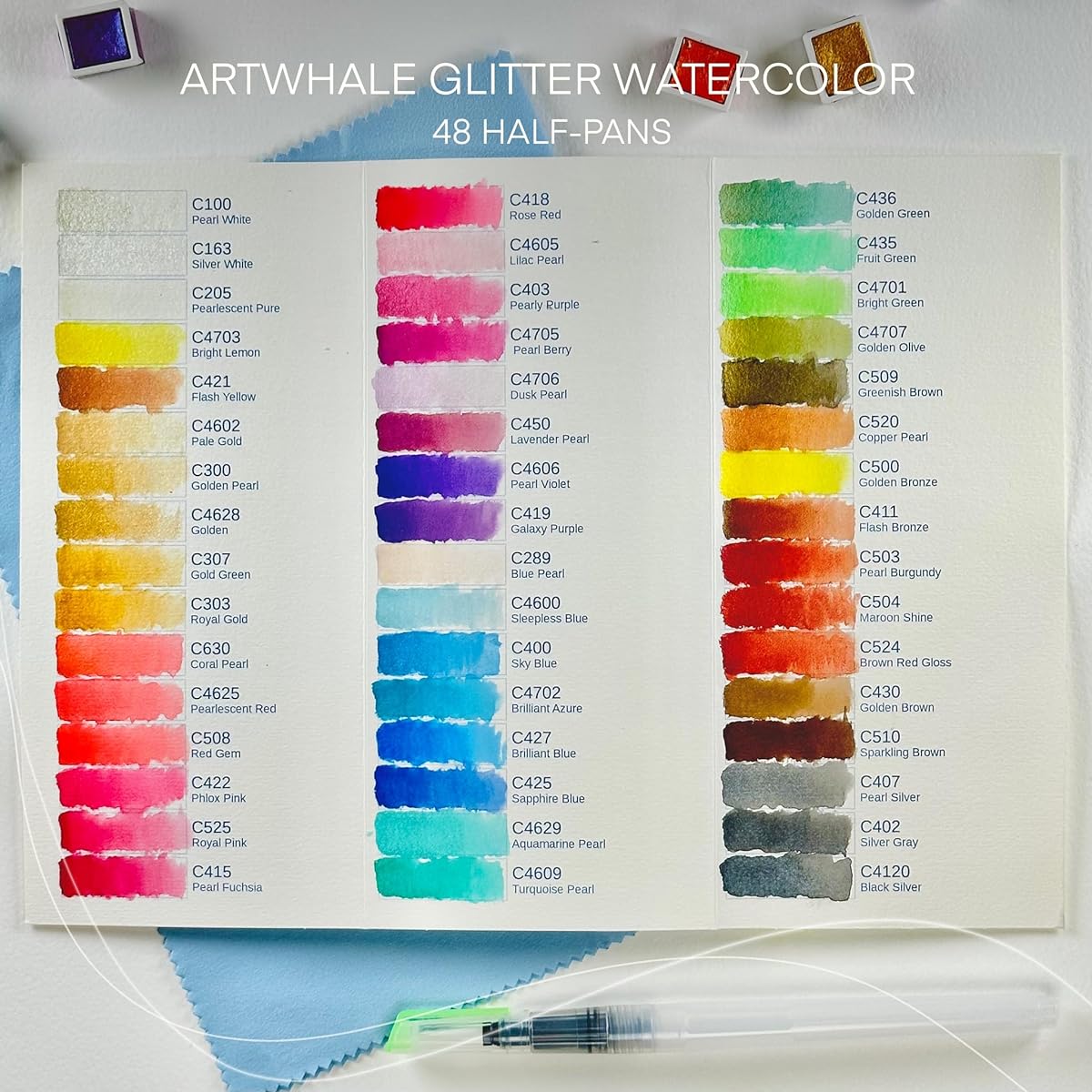 Art Whale Metallic Watercolor Paints, 48 Colors, Half Pans, Tin Box with Water Brush - Highly Pigmented Paint Set for Painters, Professionals, Beginners, Hobbies, Students and Kids