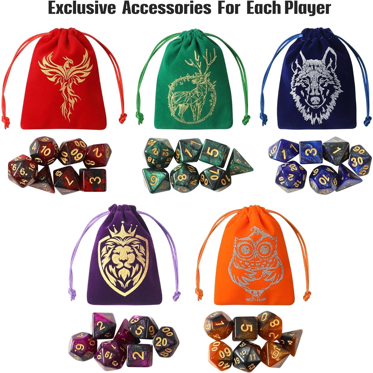 Grajar DND 35 Dice Set with 5 Colorful Animal Dice Pouches, Polyhedral Dice Set for Dungeons & Dragons D&D TTRPG MTG Tabletop Role Playing Games Starry Sky