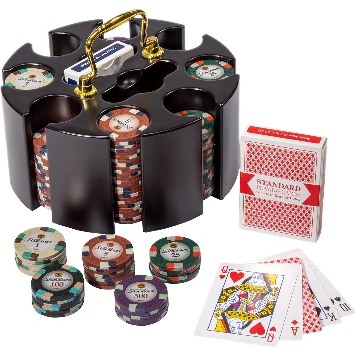 Showdown Poker Chip Set 200 Pieces Thick (13.5g) Clay Composite Chips with Wooden Carousel Professional Casino Supplies Kit Holder Storage Container