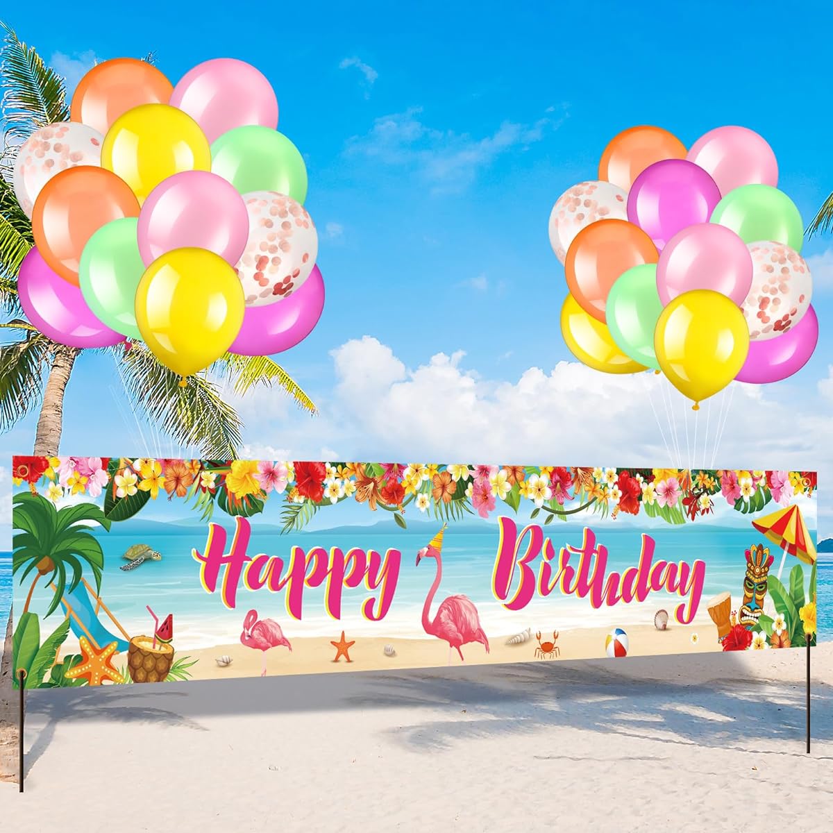 Lenwen Hawaiian Luau Birthday Party Decorations Aloha Tropical Flamingo Birthday Party Supplies Summer Birthday Party Decorations Tropical Balloons Flamingo Backdrop for Birthday Party