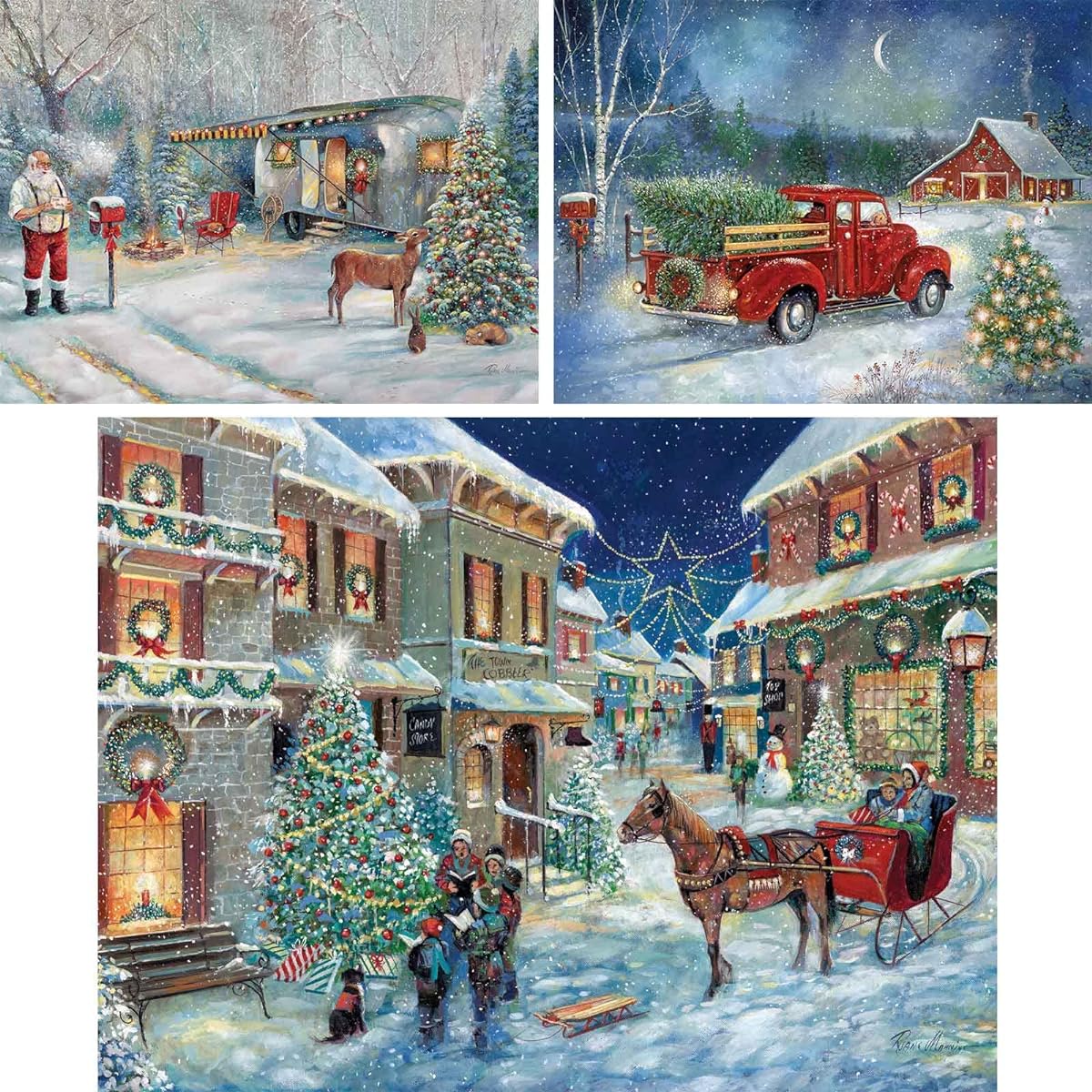Bits and Pieces - Great Value 300 Piece Jigsaw Puzzle for Adults Set of 3 - Puzzle Size 18" x 24" - 300 Piece Santa Christmas Delivery Holiday Caroling Winter Snow Jigsaw Puzzle by Artist Ruane Manning