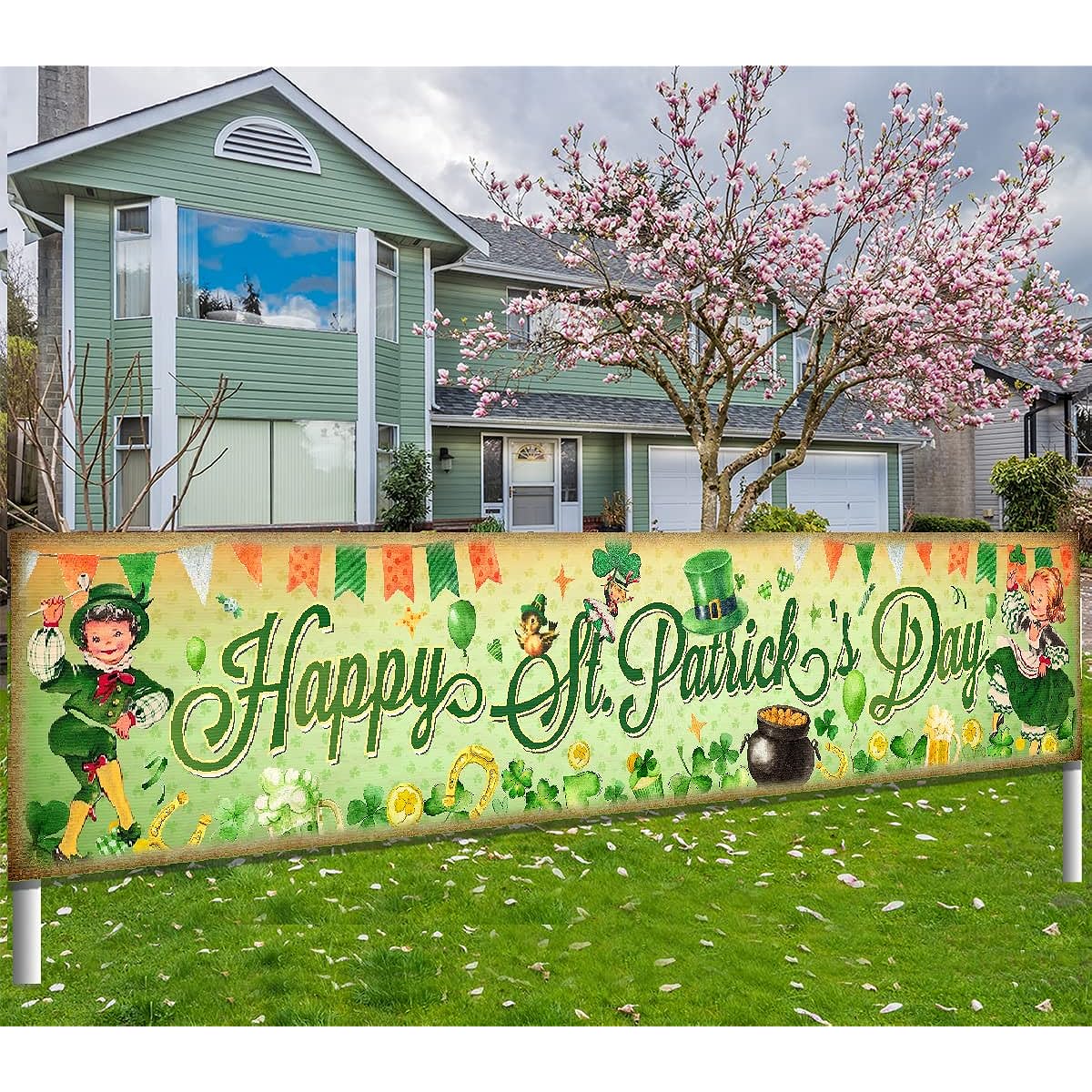 Happy St. Patrick's Day Supplies-Vintage St. Patrick Yard Sign Banner Retro Style Green Lucky St. Patrick Photo Backdrop Banner for St. Patrick's Day Party (Banner)