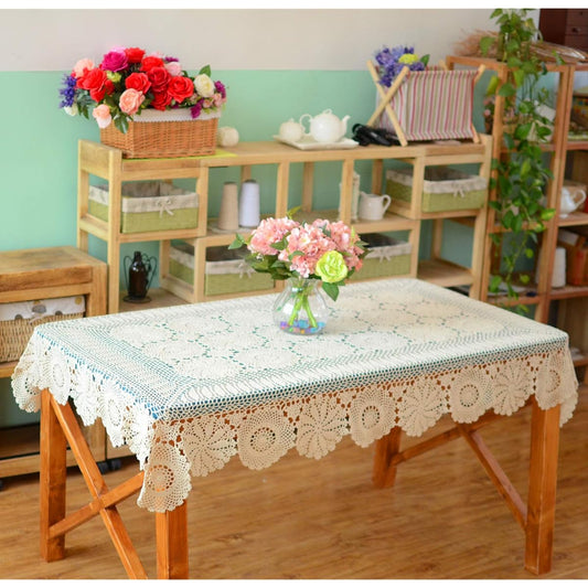 (Rectangle 130cm x 180cm (Beige)) - Ustide Rustic Floral Crochet Tablecloth Beige Cotton Lace Table Overlays 130cm x 180cm