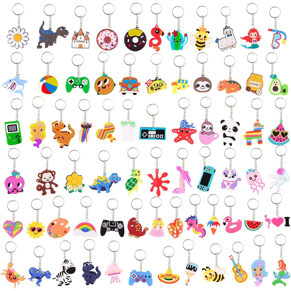 Lecinc 70pcs Video Game Party Favors Video Game Keychains for Kids Birthday School Party Dinosaur Donut Sea Animals Mermaid Rainbow Birthday Party Supplies