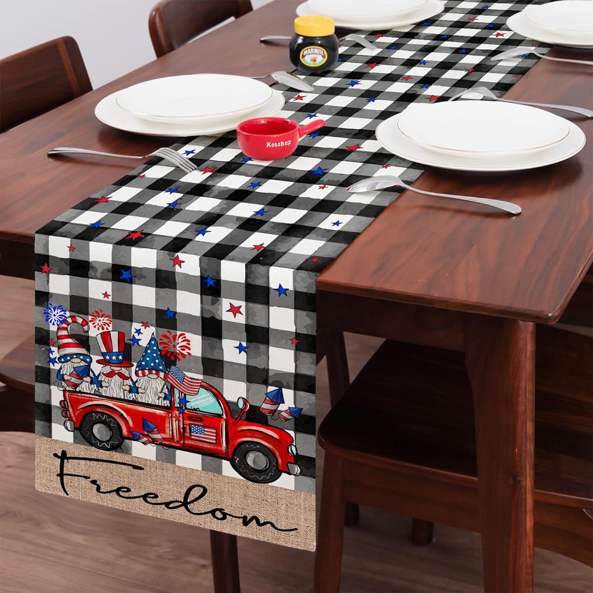 Patriotic Freedom Table Runner 108" Long Buffalo Plaid 4th of July Gnome Truck Kitchen Dining Table Decor for Holiday Wedding Indoor Outdoor Party
