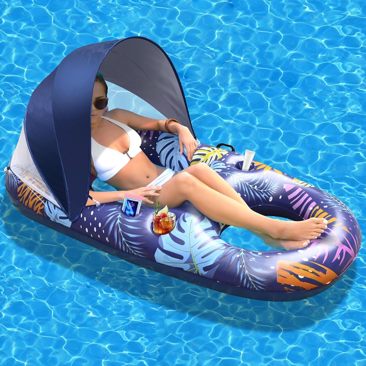 Pool Lounger Float 2-in-1 Inflatable Pool Float for Adults with Cup Holder Caddy