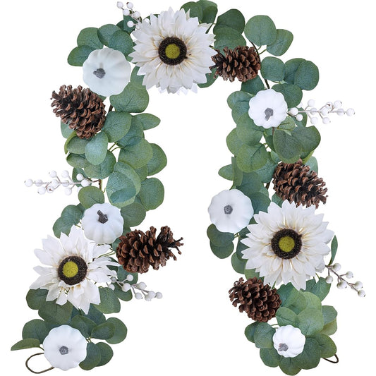 Winlyn White Pumpkin Garland, Artificial Eucalyptus Garland with White Pumpkins, Sunflowers, Pinecones, Berries, Fall Greenery Garland, 6ft Thanksgiving Wedding Arch Table Runner Mantel Farmhouse Decor