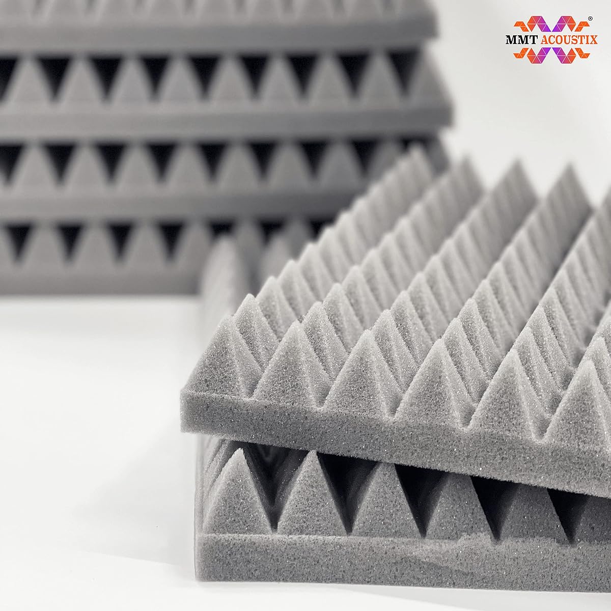 MMT Acoustix® 18 Piece Stone White Soundproof Pyramid Soundproofing Foam Panels | 1x1' 2" | High Density High Absorption Tested Soundproofing Panels