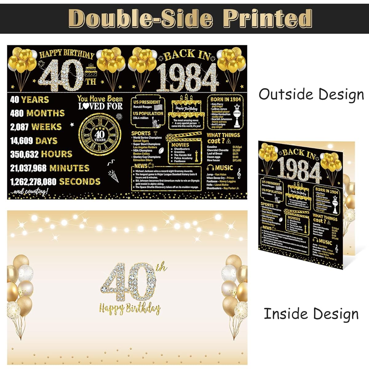 Kuxriox Large 40th Birthday Card with Envelope Black Gold Happy 40th Birthday Giant Guestbook Gift for Men and Women Giant Forty Birthday Card Gift Party Supplies Back in 1984 Jumbo 40 Birthday Card