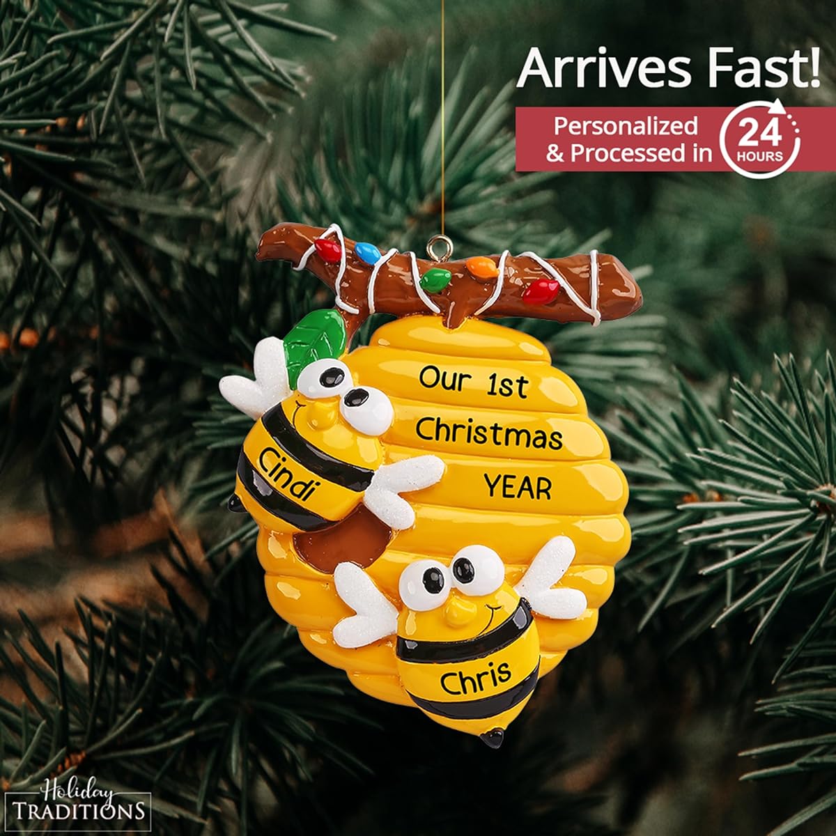 Personalized Couple Christmas Ornaments 2023 - Fast & Free 24 Hour Customization - Honeybee Couple Christmas Decorations with Name - Gift Wrapped