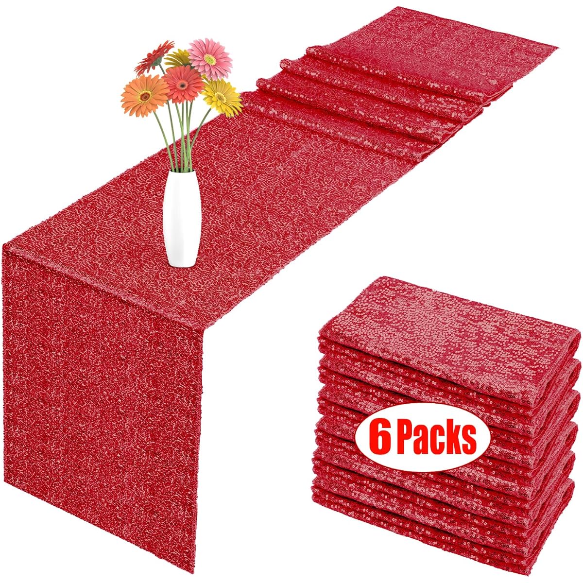 Sequin Table Runner Red 12 x 108 Inch Glitter Red Rectangle Table Runners for Halloween Fall Birthday Wedding Holiday Party Decorations Baby Shower Set of 6