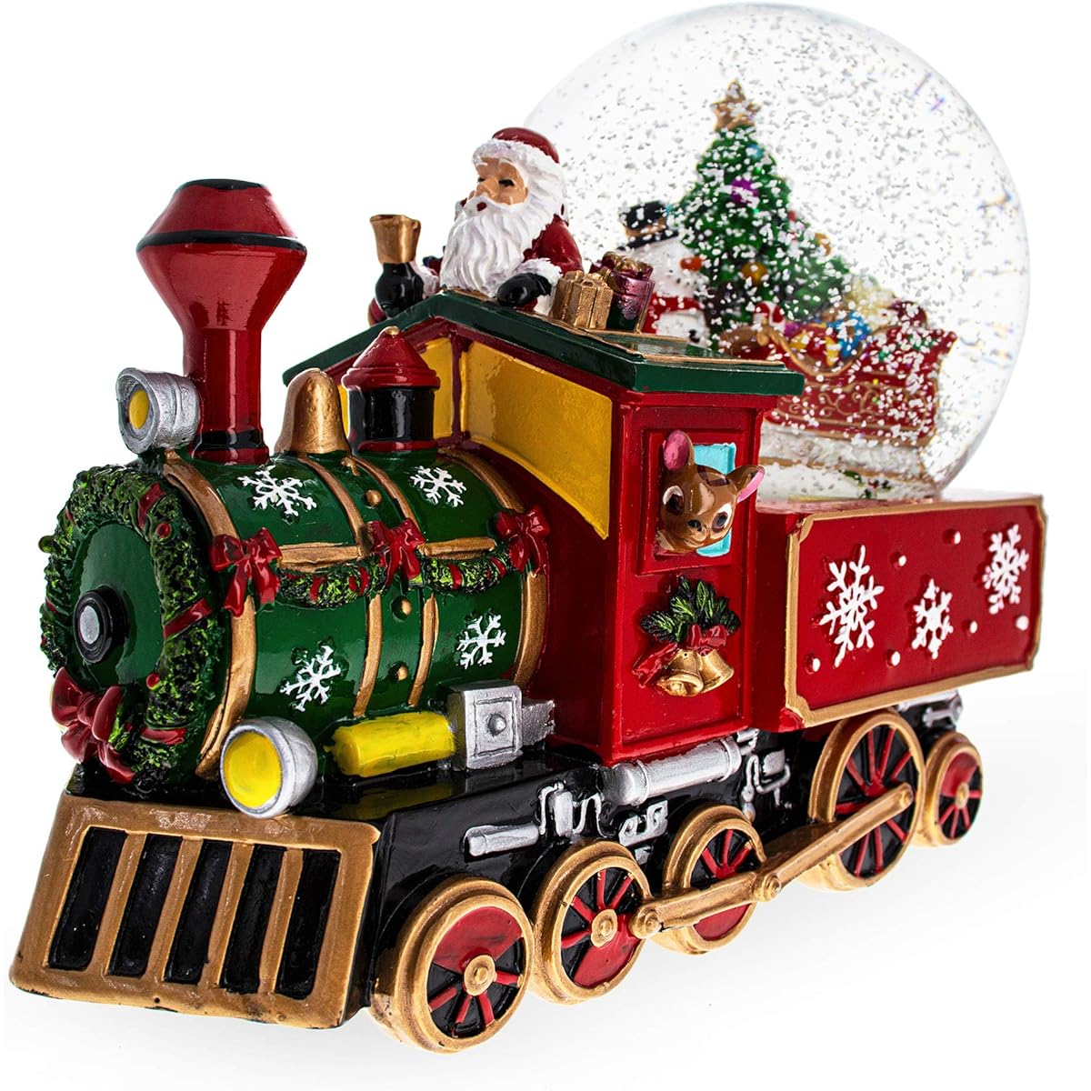 Santa, snowmen and reindeer deliver the tree on a train Musical Water Globe