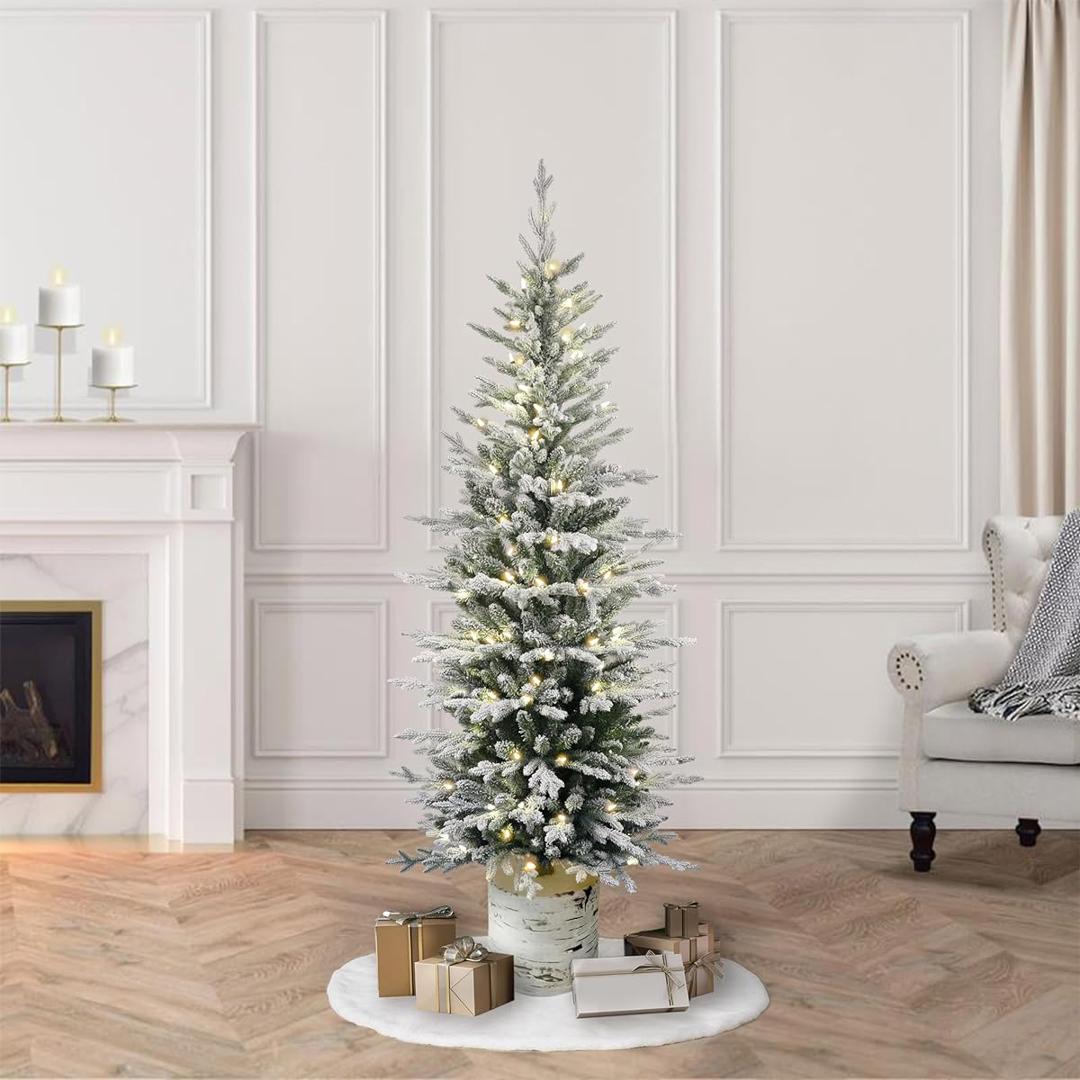 Puleo International Pre-Lit Potted Flocked Arctic Fir Pencil Artificial Christmas Tree, Green, 301-PTO9760-60LW120