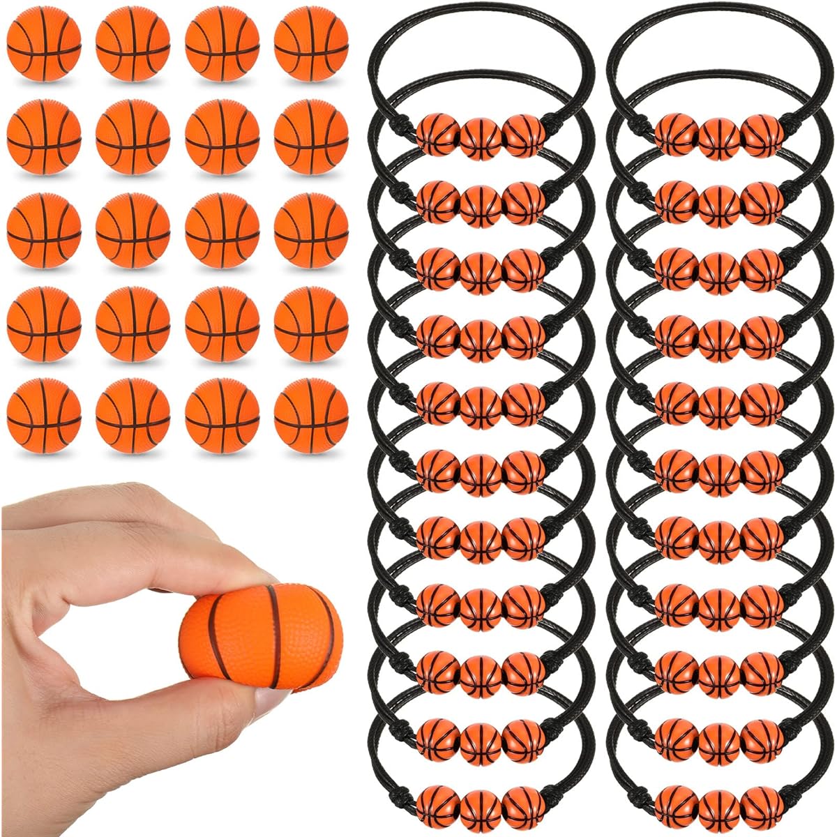 Sports Ball Party Favors Set - 64pcs Soccer Ball, Basketball, Football, Baseball Bracelets, 32pcs Sports Stress Balls, Adjustable Sports Wristbands, 1.6" Mini Foam Sports Balls for Kids and Adults (Basketball)