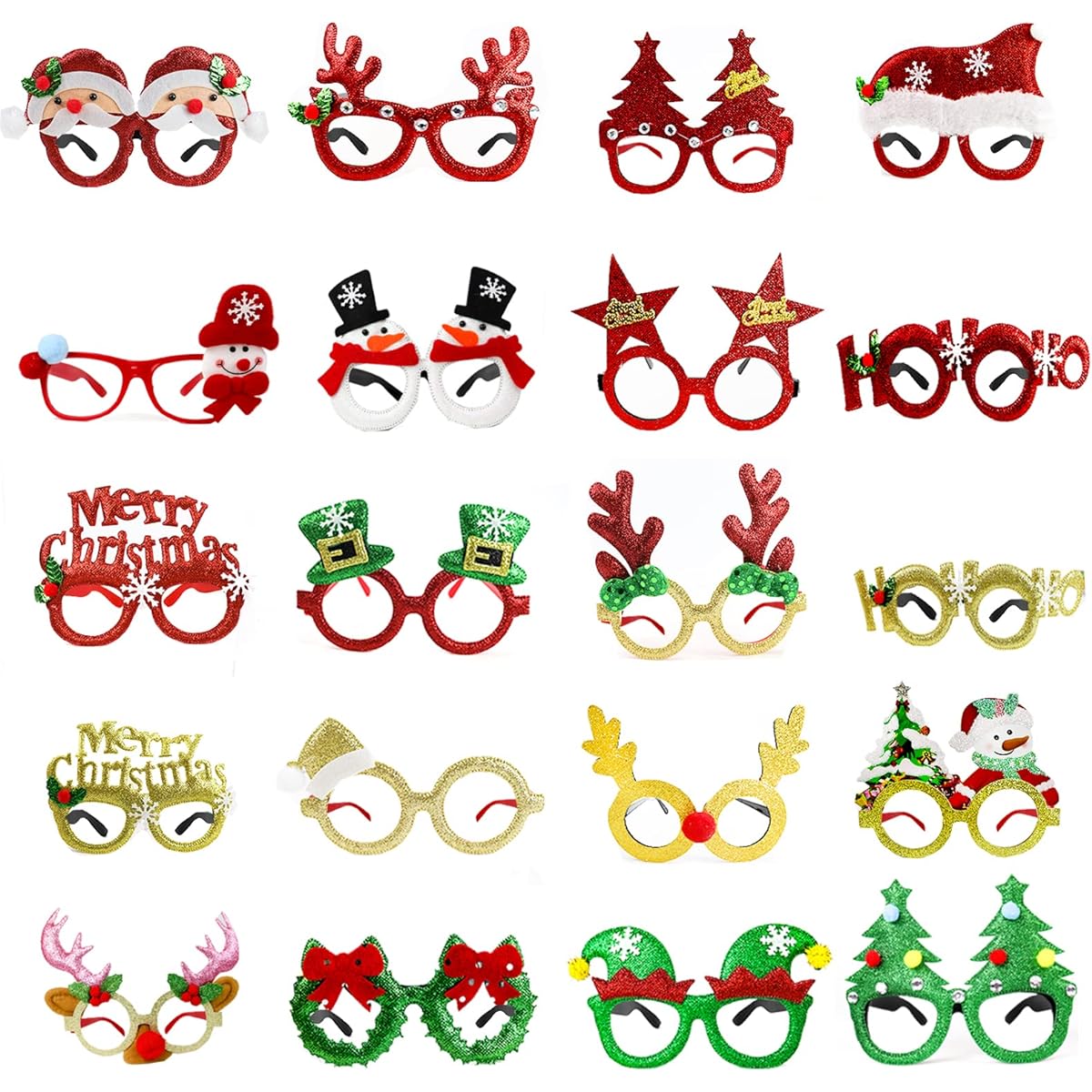 Halovin 20pcs Christmas Glasses Frames for Kids, Christmas Glitter Party Glasses for Christmas Party Holiday Favors Photo Booth with Gift Box