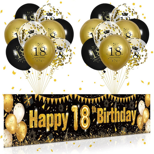 18th Birthday Decorations for Boys Bar Black & Gold Black Gold Birthday Yard Banner 18th Happy Birthday Balloons 18th Birthday Party Supplies Indoor/Outdoor Yard Decor