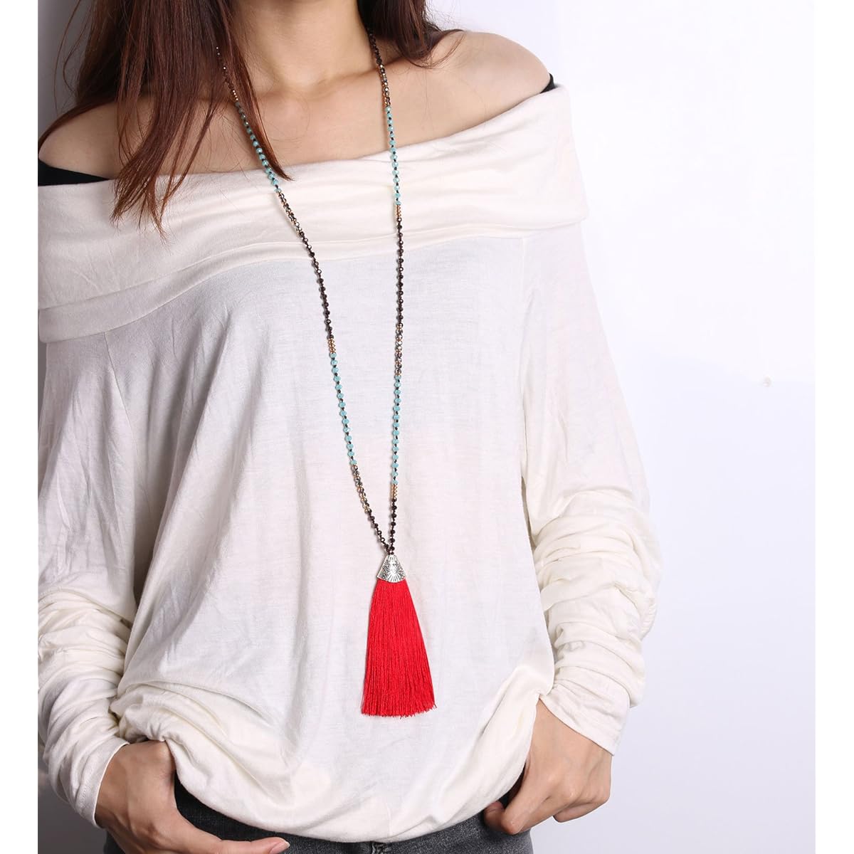 (Red) - KELITCH Crystal Long Beaded Necklace Layering Fish Mouth Tassel Pendant Necklace New Jewellery
